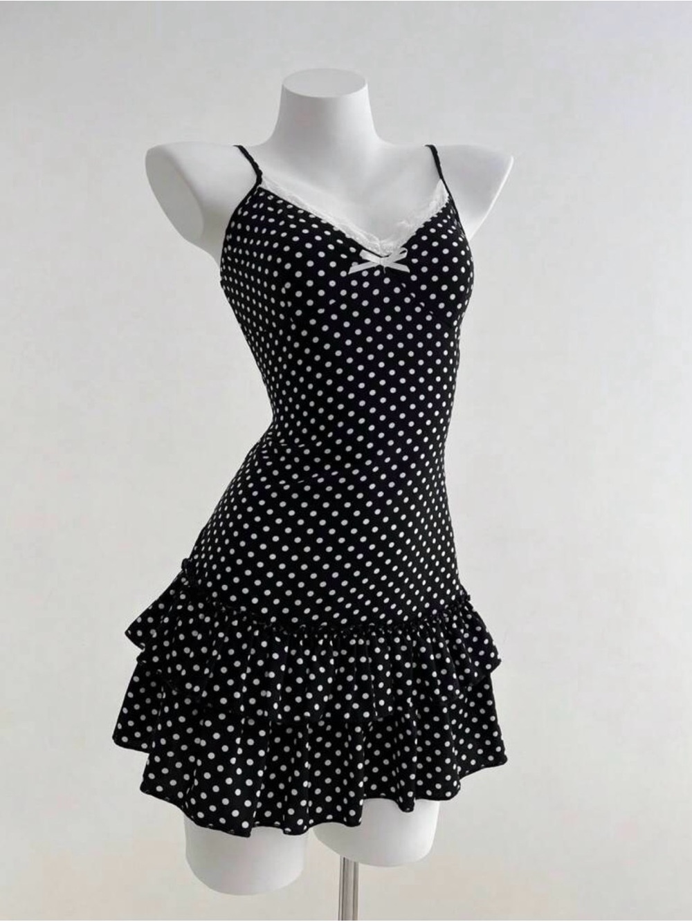 Black Polka Dot Ruffle Mini Dress with Lace Trim